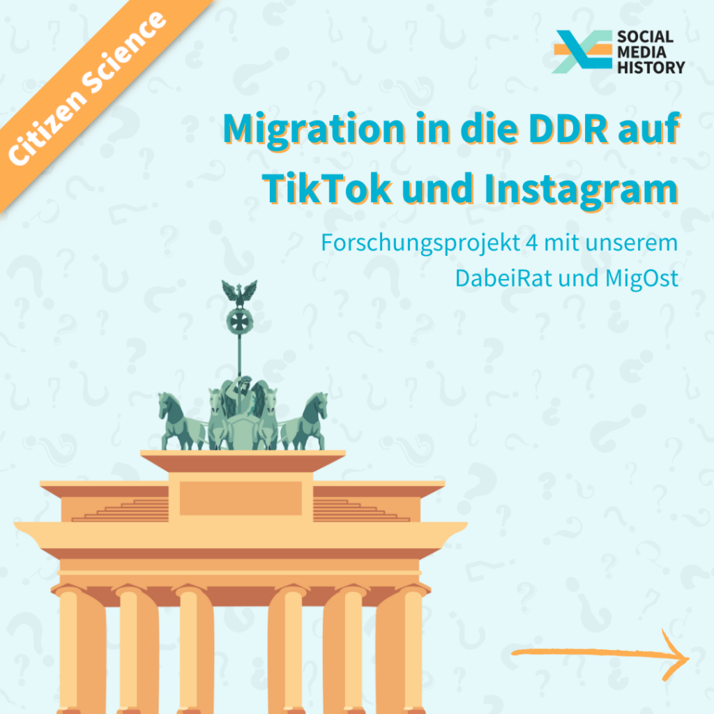 Titelbild zum Bericht der vierten Forschungsaufgabe mit dem DabeiRat: Migration aus und in die DDR auf Instagram und TikTok.