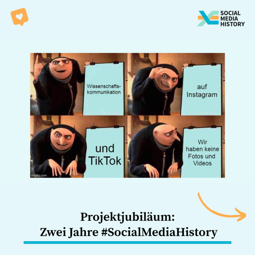 Bildunterschrift: Projektjubiläum. Zwei Jahre #SocialMediaHistory Meme-Serie zu den Erfahrungen im Projekt.