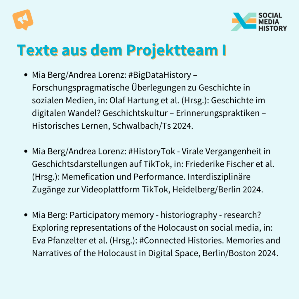 Es werden noch einige Texte aus dem Projekt veröffentlicht: Mia Berg/Andrea Lorenz: #BigDataHistory – Forschungspragmatische Überlegungen zu Geschichte in sozialen Medien, in: Olaf Hartung et al. (Hrsg.): Geschichte im digitalen Wandel? Geschichtskultur – Erinnerungspraktiken – Historisches Lernen, Schwalbach/Ts 2024. Mia Berg/Andrea Lorenz: #HistoryTok - Virale Vergangenheit in Geschichtsdarstellungen auf TikTok, in: Friederike Fischer et al. (Hrsg.): Memefication und Performance. Interdisziplinäre Zugänge zur Videoplattform TikTok, Heidelberg/Berlin 2024. Mia Berg: Participatory memory - historiography - research? Exploring representations of the Holocaust on social media, in: Eva Pfanzelter et al. (Hrsg.): #Connected Histories. Memories and Narratives of the Holocaust in Digital Space, Berlin/Boston 2024.