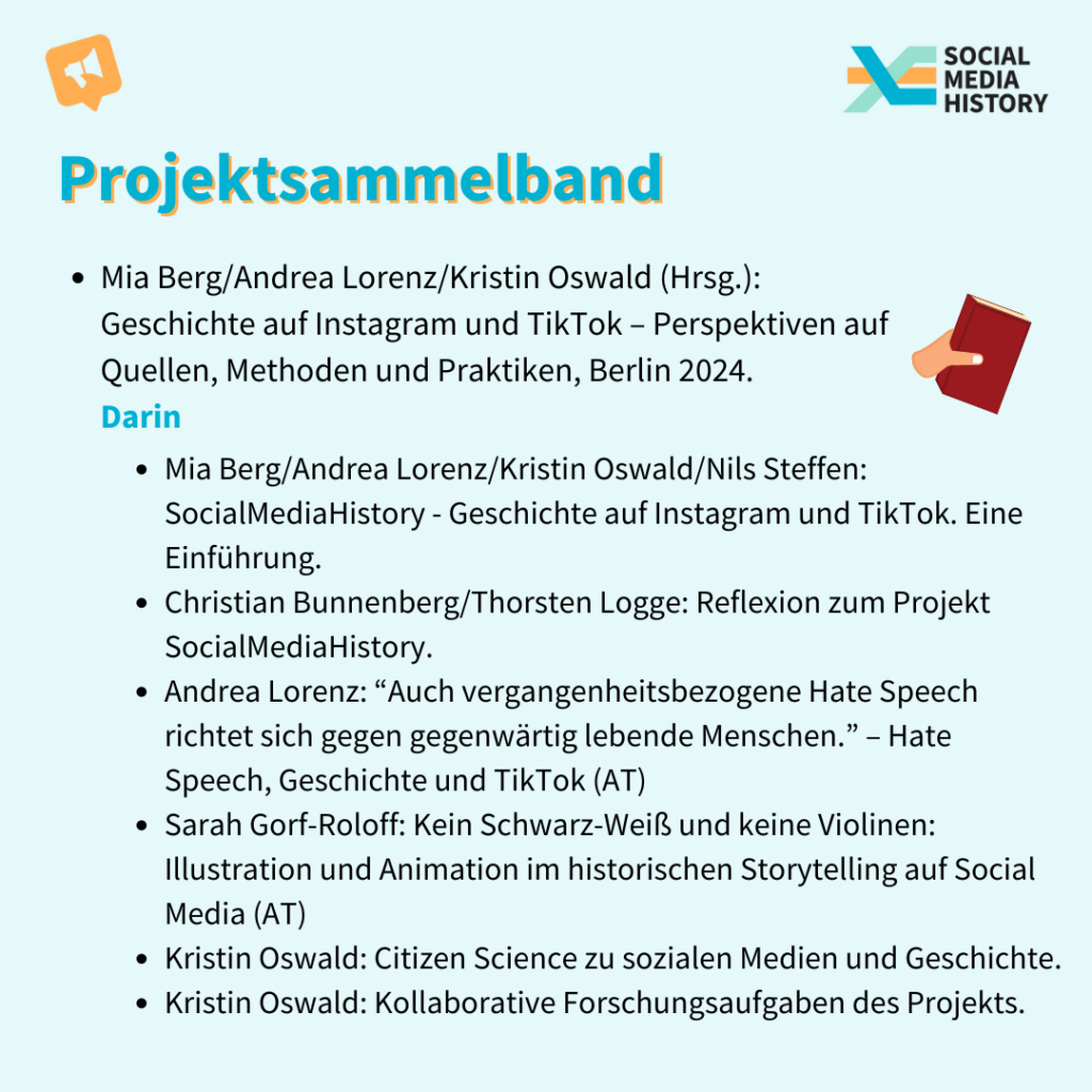 Es kommt auch noch der Sammelband aus dem Projekt, mit unter anderem: Mia Berg/Andrea Lorenz/Kristin Oswald/Nils Steffen: SocialMediaHistory - Geschichte auf Instagram und TikTok. Eine Einführung. Christian Bunnenberg/Thorsten Logge: Reflexion zum Projekt SocialMediaHistory. Andrea Lorenz: “Auch vergangenheitsbezogene Hate Speech richtet sich gegen gegenwärtig lebende Menschen.” – Hate Speech, Geschichte und TikTok (AT) Sarah Gorf-Roloff: Kein Schwarz-Weiß und keine Violinen: Illustration und Animation im historischen Storytelling auf Social Media (AT) Kristin Oswald: Citizen Science zu sozialen Medien und Geschichte. Kristin Oswald: Kollaborative Forschungsaufgaben des Projekts.