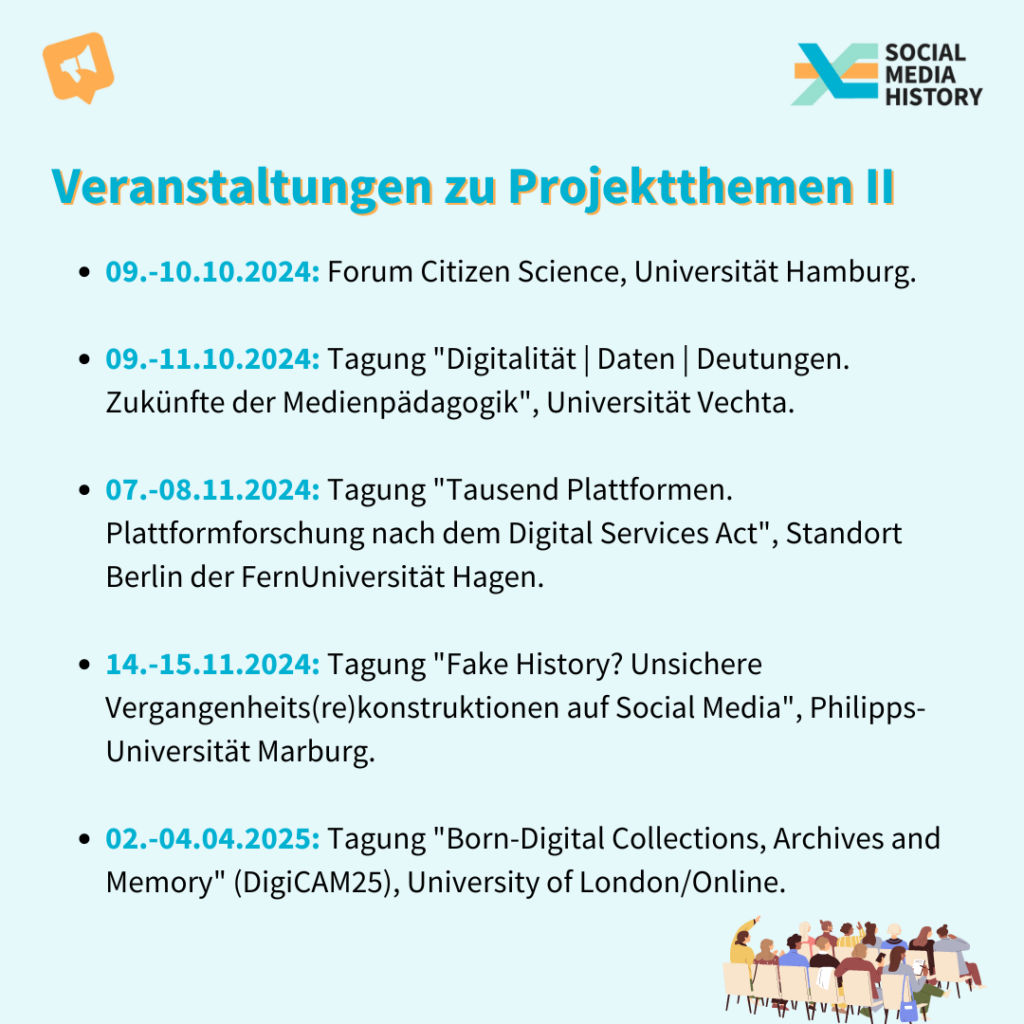 Die noch ausstehenden Veranstaltungen zu Projektthemen, Teil 2. vom 9.-10.Oktober 2024 dasForum Citizen Science, Universität Hamburg. vom 9.-11.Oktober 2024: Die Tagung "Digitalität | Daten | Deutungen. Zukünfte der Medienpädagogik" an der Universität Vechta. vom 7.-8. November 2024: Die Tagung "Tausend Plattformen. Plattformforschung nach dem Digital Services Act", am Standort Berlin der FernUniversität Hagen. vom 14.-15. Novmeber 2024: Die Tagung "Fake History? Unsichere Vergangenheits(re)konstruktionen auf Social Media", an der Philipps-Universität Marburg. vom 02.-04. April 2025: Die Tagung "Born-Digital Collections, Archives and Memory" (DigiCAM25) an der University of London und Online.