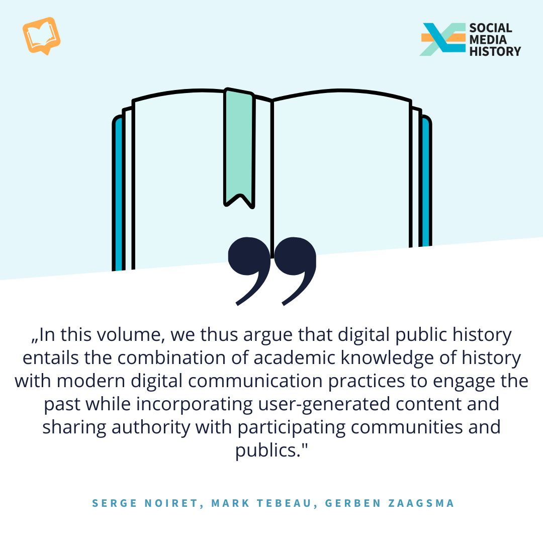 Hellblauer Hintergrund. Grafik. Buch mit Zitat: "In this volume, we thus argue that digital public history entails the combination of academic knowledge of history with modern digital communication practices to engage the past while incorporating user-generated content and sharing authority with participating communities and publics".