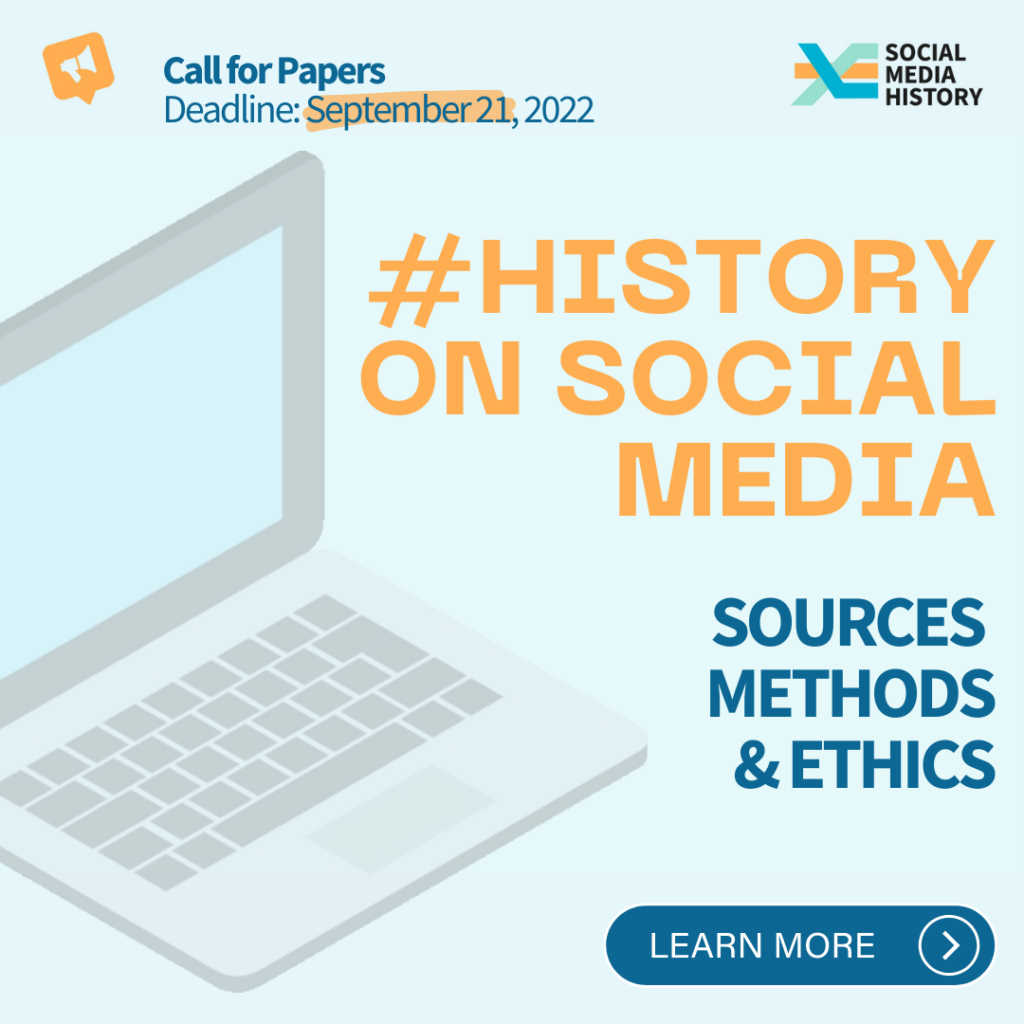 Coverbild. Aufruf: Call for Papers. Laptop-Grafik schwach im Hintergrund. Vordergrund: #History On Social Media. Sources Methods and Ethics.