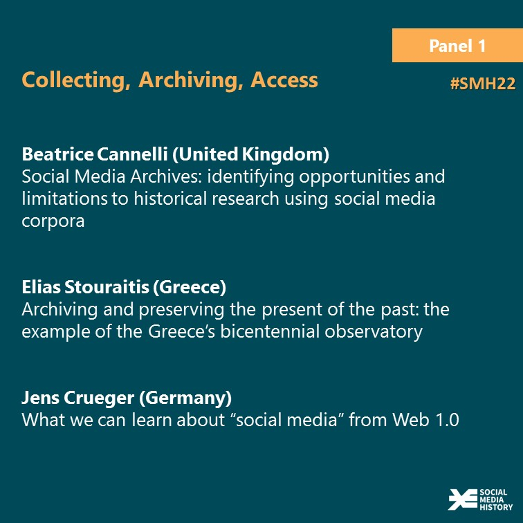 Ankündigung Panel 1 Tagung SocialMediaHistory November 2022. Panelname: Collecting, Archiving, Access 1. Beatrice Cannelli. Vortrag: Social Media Archives: identifying opportunities and limitations to historical researc husing social media corpora. 2. Elias Stouraitis. Vortrag: Archiving and preserving the present of the past: the example of the Greeces bicentennial pbservatory. 3. Jens Crueger. Vortrag: What we can learn about "social media" from Web 1.0