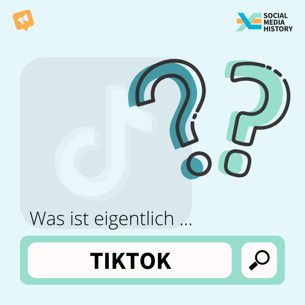 Grafik. Hellblauer Hintergrund, zwei Fragezeichen in der rechten Bildhälfte. Unterschrift: Was ist eigentlich TikTok?