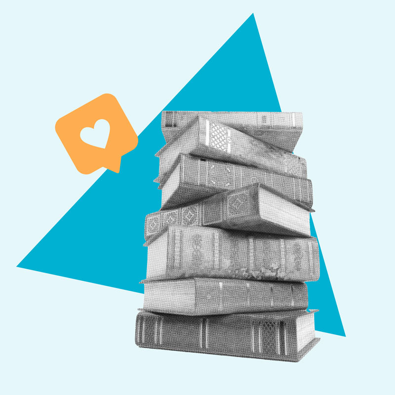 Augeschnittenes Foto eines Bücherstapels. Im Hintergrund befindet sich ein blaues Dreieck. Ein Tooltip mit einem Herz zeigt auf die Bücher.