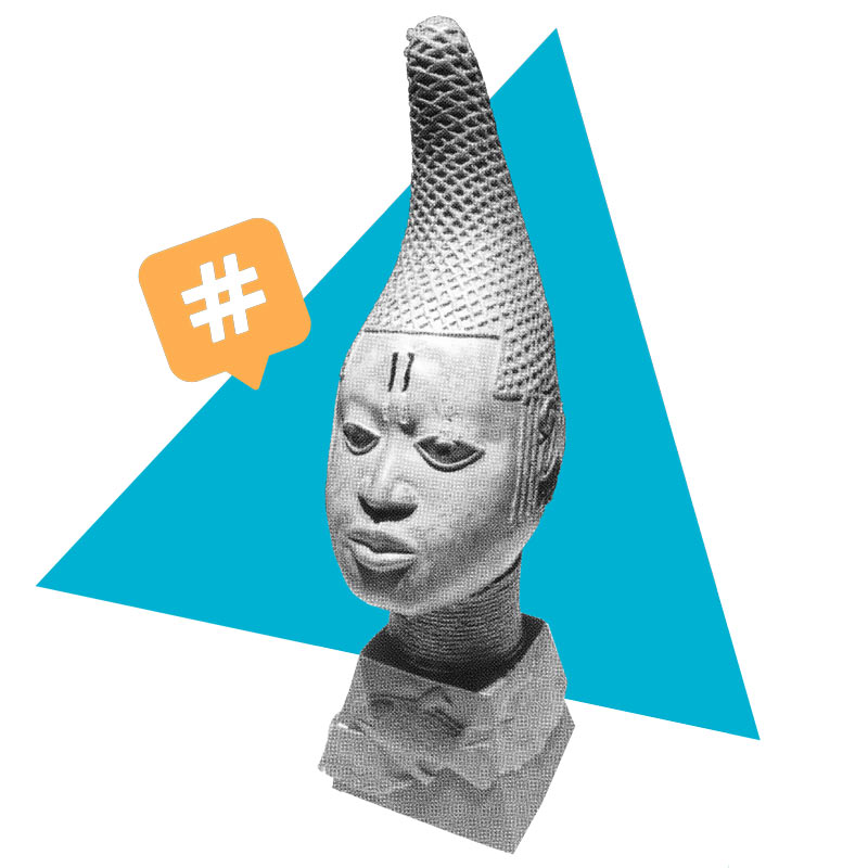 Ausgeschnittenes Bild von Benin Bronze. Im Hintergrund ist ein blaues Dreieck. Ein Tooltip mit dem # Zeichen zeigt auf die Bronze.