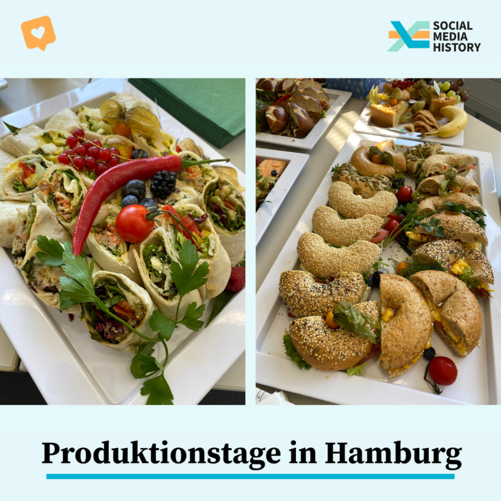 Bildunterschrift: Produktionstage in Hamburg. Zentral: Zwei Bilder vom Catering.