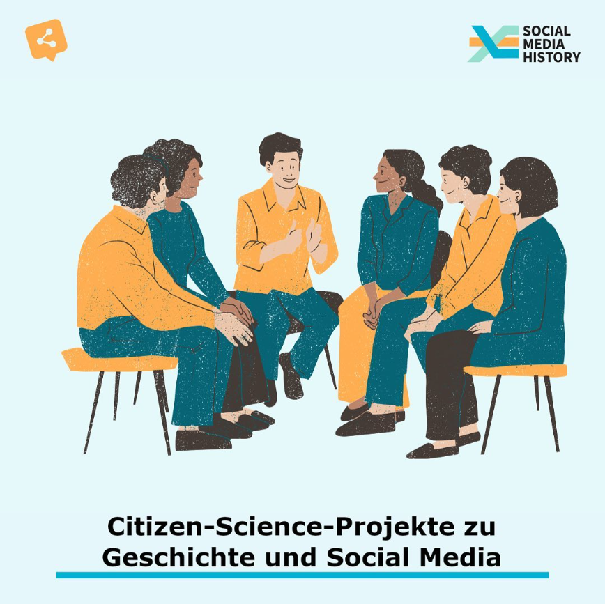 Titelbild "Citizen Science Projekte zu Geschichte und Social Media". Abgebildet sind mehrere Personen in einem Sitzkreis.