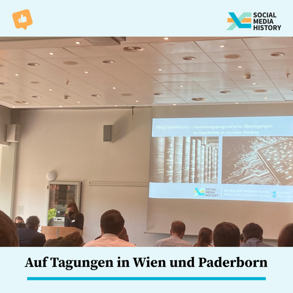 Foto. Bildunterschrift: Auf Tagungen in Wien und Paderborn. Sicht aus hinterem Bereich eines Raums. Präsentation über Beamer
